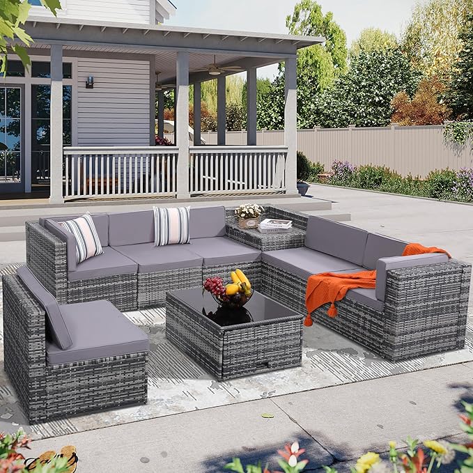 8-Piece Patio Furniture Set, Outdoor Wicker Rattan Sectional by KROFEM