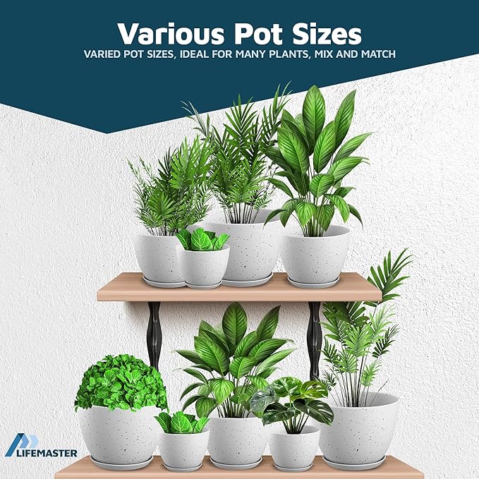White Gray Plant Pots with Drainage Holes & Saucers 5 Pack, Indoor & Outdoor - Image 4