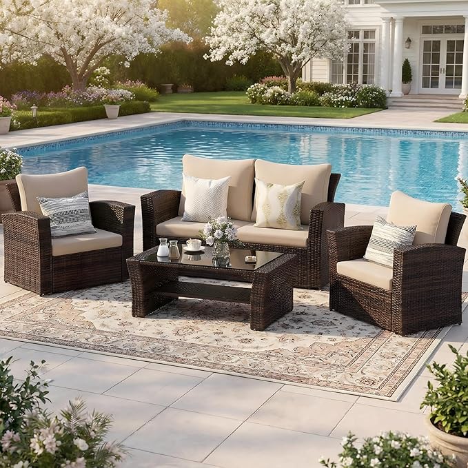 Wisteria Lane 4 Piece Patio Furniture Set, Wicker Outdoor Patio Conversation by WisteriaLane