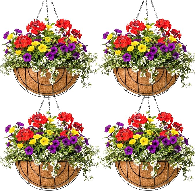 Metal Hanging Baskets for Plants Outdoor 4 Pack Round Metal Wire Hanging Basket by JFFLYIT