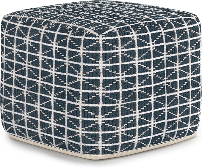 SIMPLIHOME Noreen Boho Square Pouf in Dark Blue and White Handloom Woven Pattern by SimpliHome