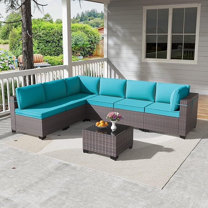 Kullavik 7 Pieces Outdoor Patio Furniture Set PE Wicker Rattan Sectional Sofa - Image 6