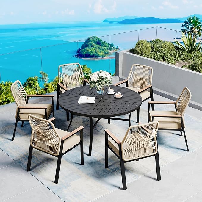7 Pieces Patio Dining Set, 6 x Woven Rattan Chairs by SUNSHINEVALLEY