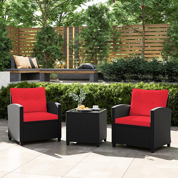 Tangkula 3 Pieces Patio Furniture Set, Rattan Conversation Set w/Soft Seat & - Image 2