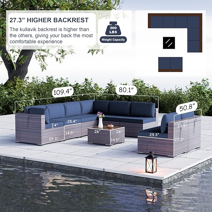 Kullavik 9 Pieces Outdoor Patio Furniture Set PE Wicker Rattan Sectional Sofa - Image 2