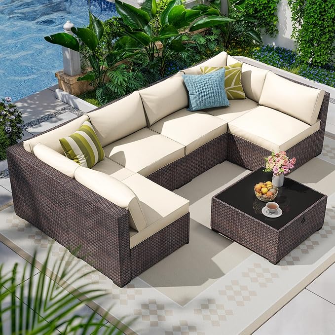 7 Piece Outdoor Patio Furniture Set, Outdoor Sectional Furniture, Rattan & by Olimix