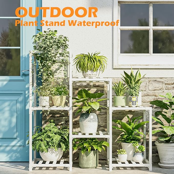 Bamworld Indoor Plant Stand Outdoor White Shelf Bamboo Plant Table - Image 2