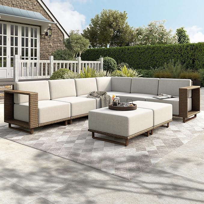 HERA'S HOUSE 8 Pieces Patio Furniture Set, 6 Sectional Outdoor Rattan Wicker by HERASHOUSE