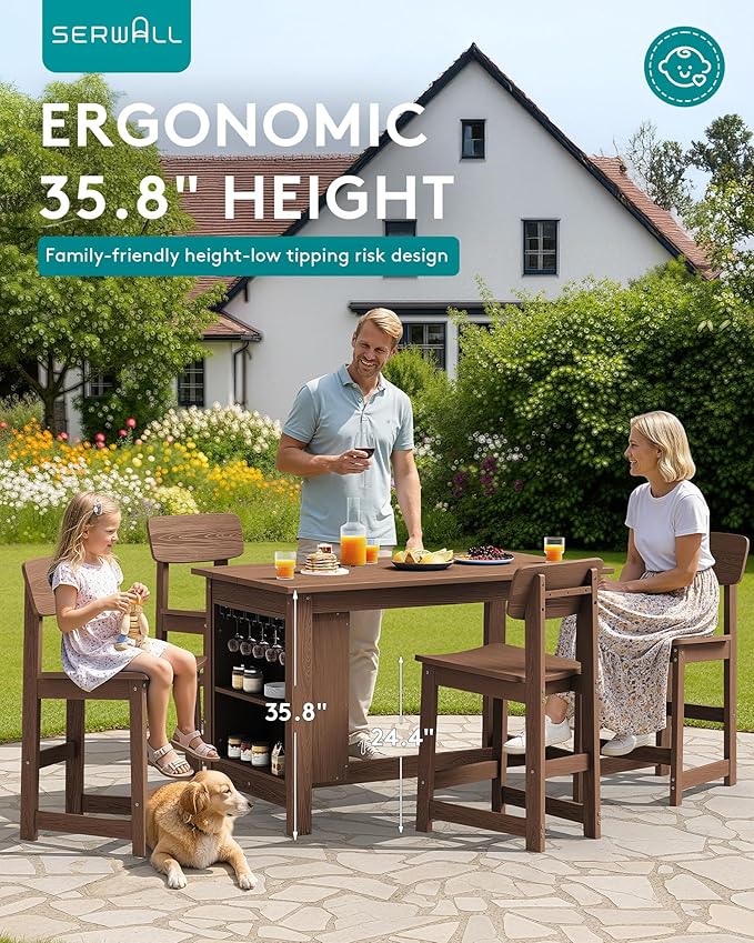 SERWALL Outdoor Bar Table and Chairs Set, 5-Piece HDPE Counter Height Patio - Image 3