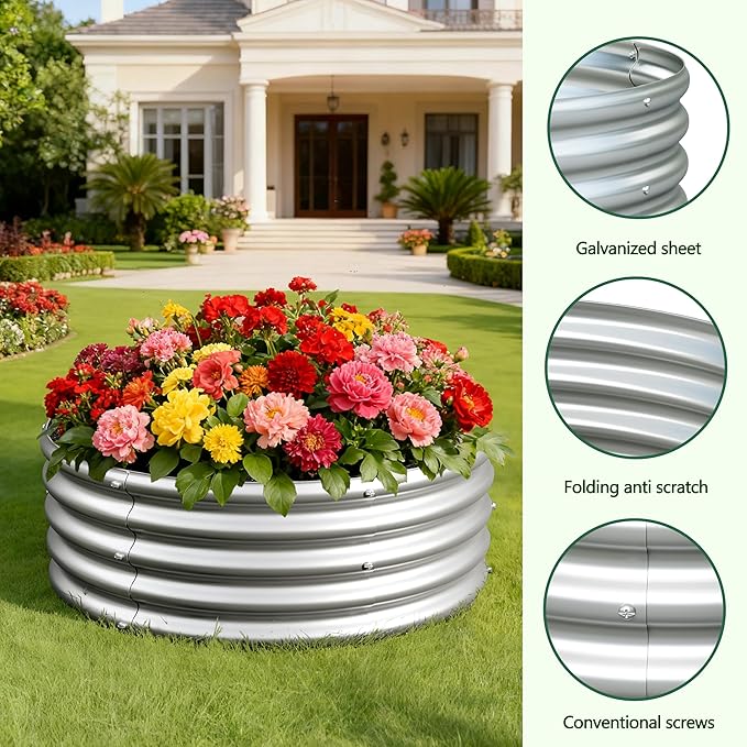 2x2x1ft Galvanized Round Raised Garden Bed, Outdoor Planter Box Metal Patio Kit - Image 3