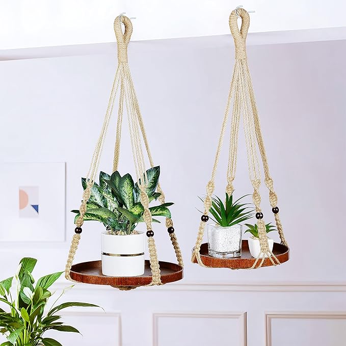 2 Pack Macrame Plant Hanger | Plant Hanger Indoor, Hanging Planter Shelf | - Image 6