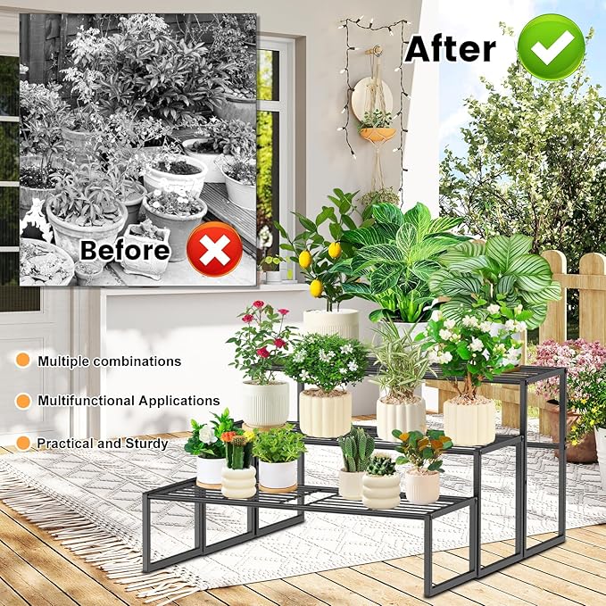 3 Tier Metal Plant Stand Indoor Outdoor, Potted Multiple Flower Pot Holder Rack - Image 6