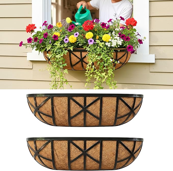 LaLaGreen 24 Inch, 2 Pack Window Boxes Planters – Black Metal Window Boxes by L%C3%A1L%C3%A1Green