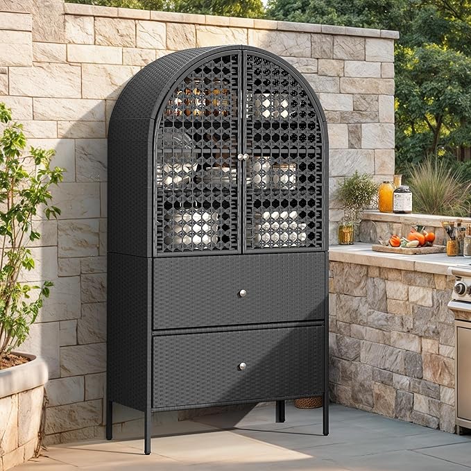 YITAHOME 65 Inch Outdoor Storage Shed, Arched Wicker Stand-Up Pantry by YITAHOME
