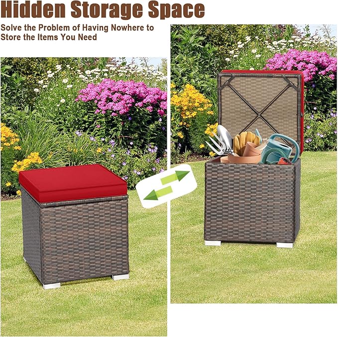 RELAX4LIFE Wicker Outdoor Storage Ottoman, 2-Piece Rattan Footstool w/Removable - Image 5