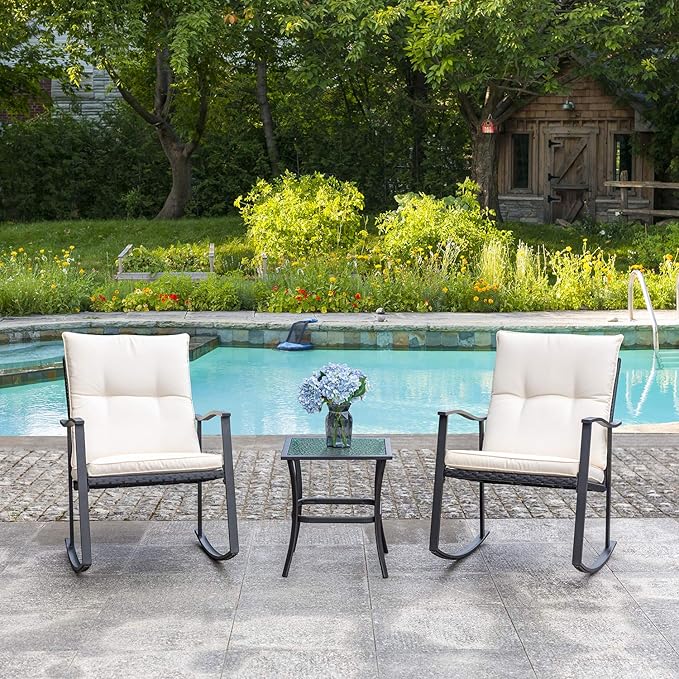 Vongrasig 3 Piece Outdoor Rocking Chair Set, PE Wicker Rattan Small Bistro Set - Image 7