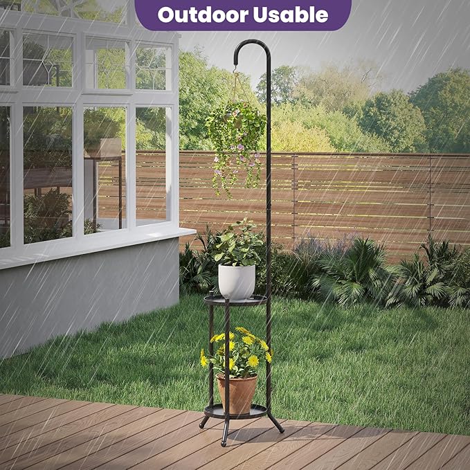 2-Tier Metal Plant Stand with Hanging Hook, Indoor Outdoor Plant Shelf - Image 3