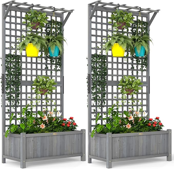 Outsunny Wood Planter with Trellis, Raised Garden Bed by Outsunny