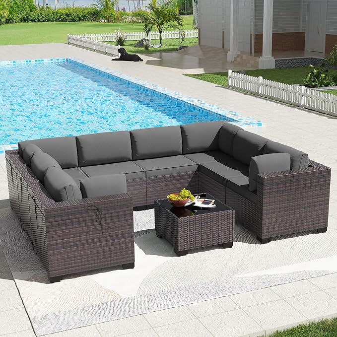 Kullavik 9 Pieces Outdoor Patio Furniture Set PE Wicker Rattan Sectional Sofa by KULLAVIK