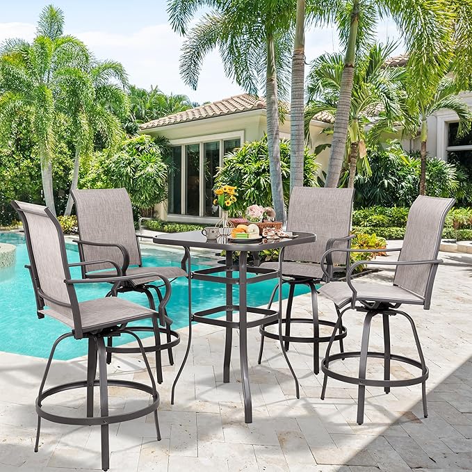 Vongrasig 5 Piece Patio Swivel Bar Set, All Weather Mental Textilene High by Vongrasig