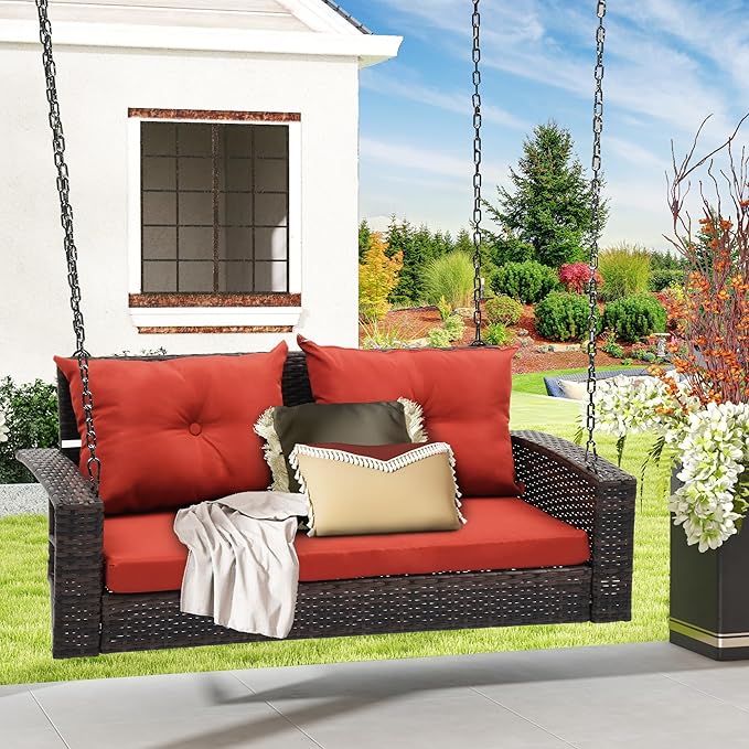 DWVO Hanging Porch Swing Chair Outdoor Wicker Rattan Patio Swing Lounge 2 Seats by DWVO