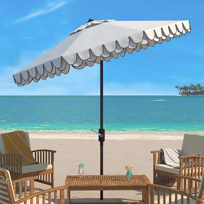 SAFAVIEH 9ft Outdoor Patio Umbrella, Ivory & Navy Trim, Auto Crank Tilt - Image 6