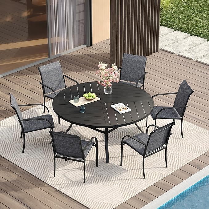 VICLLAX Patio Table and Chair Set of 6, All Weather Metal Round Outdoor Dining by HOME