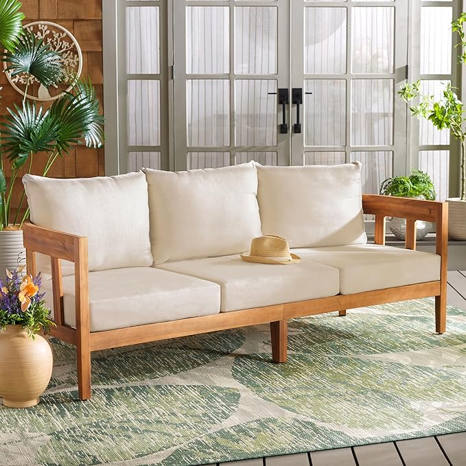 SAFAVIEH Outdoor Collection Owen Acacia Solid Wood Natural/Taupe Cushion - Image 2