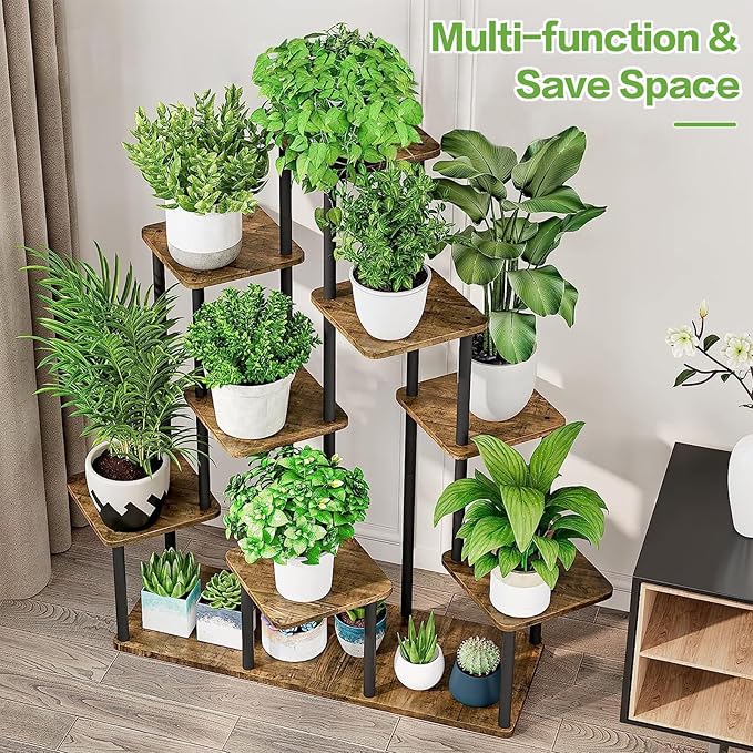 9 Tier Wood Tall Plant Stand Metal Rack Indoor, Planter Shelf Display Rack - Image 6