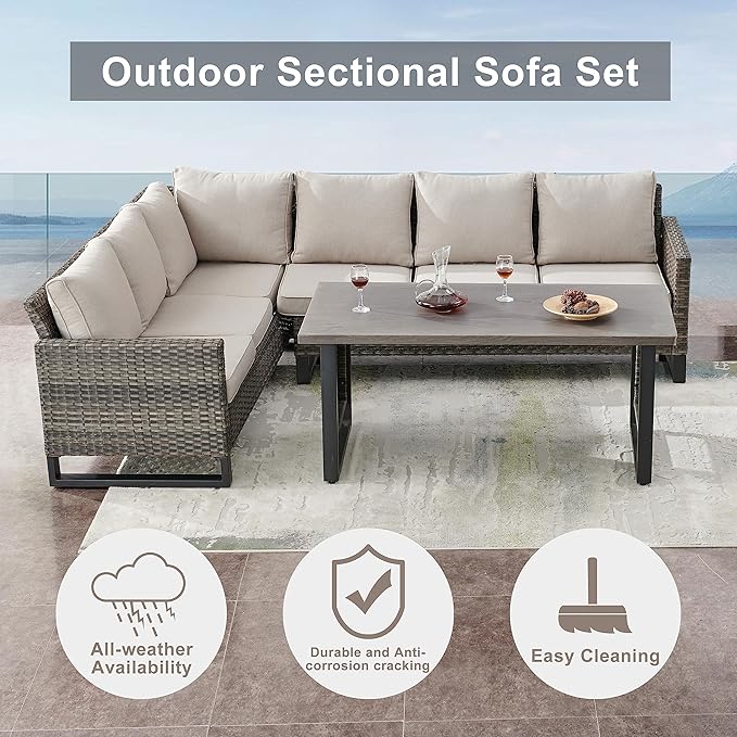 Belord Outdoor Sectional Sofa 6 Seater L Shaped Couch Wicker Patio Conversation - Image 3