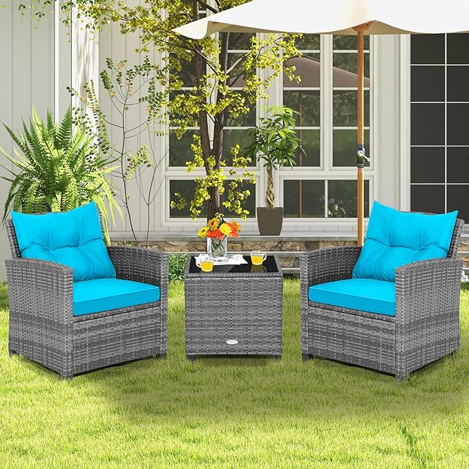Tangkula 3 Pieces Patio Furniture Set, Outdoor PE Rattan Conversation Chair Set - Image 9