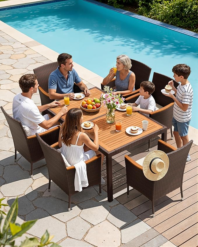 Flamaker 7 Piece Patio Dining Set Outdoor Acacia Wood Table and Chairs - Image 3