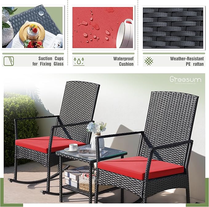 Greesum 3 Pieces Patio Furniture Set Outdoor Wicker Rocking Chairs - Image 7