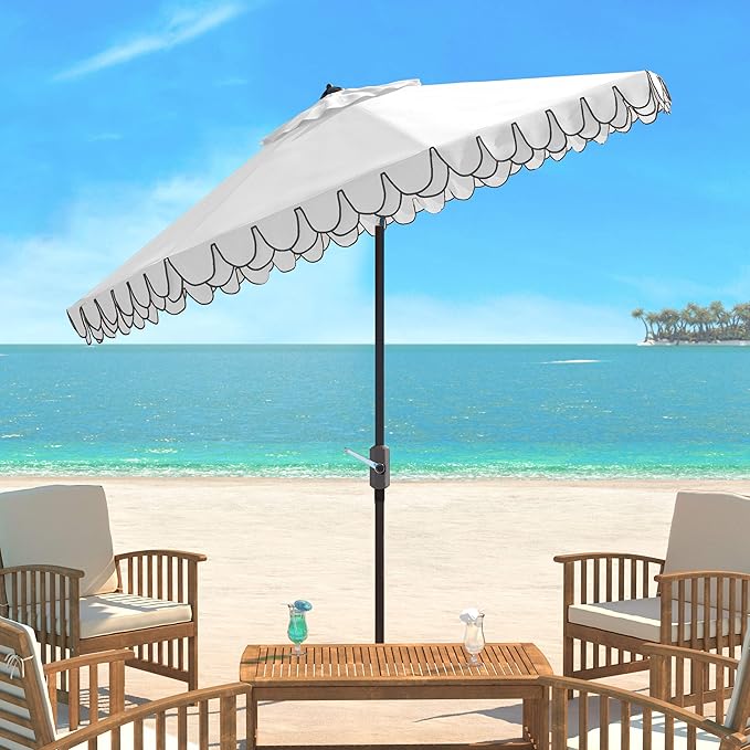 SAFAVIEH 9ft Outdoor Patio Umbrella, Ivory & Black Trim, Auto Crank Tilt - Image 2