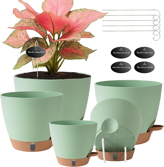 Self Watering Pots for Inoor Ourdoor Plants 8/7/6.5/6/5 Inch Plastic Planters by Fielda