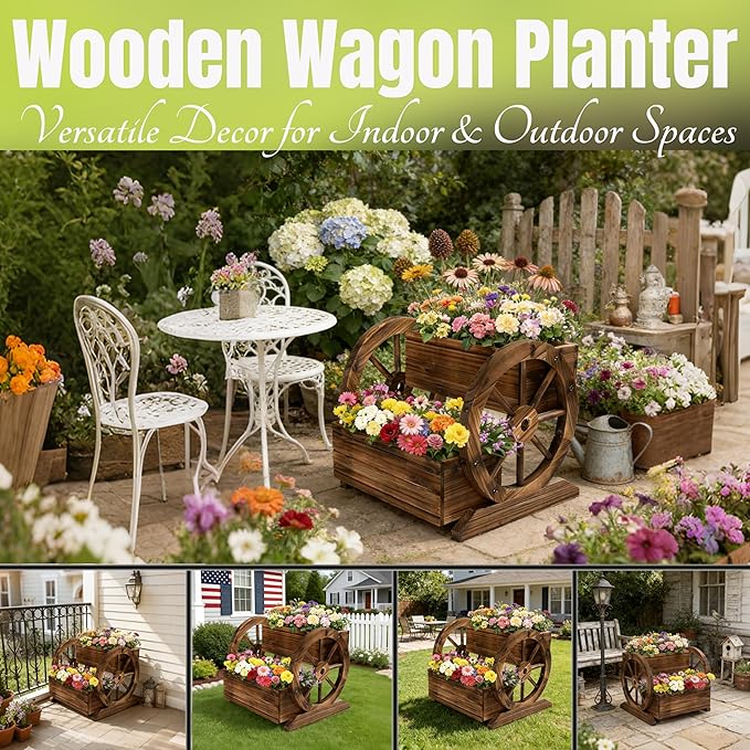NestNature Wooden Wagon Planter Box, Raised Garden Bed, Decorative Garden - Image 9