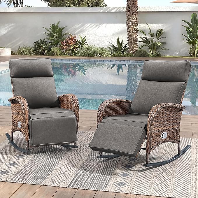 Zero Gravity Patio Rocking Wicker Recliner Chairs Set of 2- Wicker Outdoor by JelwalyPatioFurnitureSet