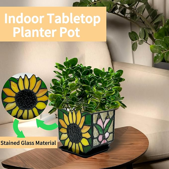Stained Glass Sunflower Garden Planters, Indoor Plant Pots - Image 3