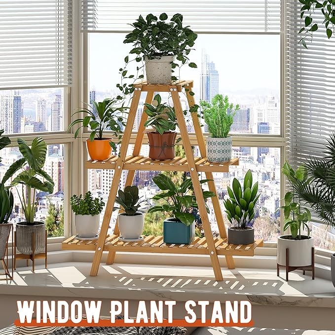 GHWIE Plant Stand Indoor Plant Shelf Outdoor bamboo Plant Rack, 3 Tiers Ladder - Image 5