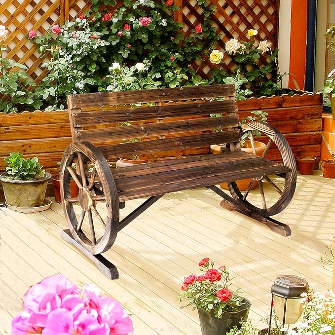 Outsunny 41" Wooden Wagon Wheel Bench, Rustic Outdoor Patio Weather Resistance - Image 8