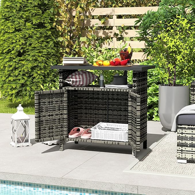Outsunny Wicker Outdoor Storage Cabinet, Rattan Outdoor Bar Table - Image 9