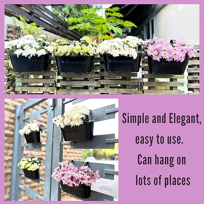 LaLaGreen Outdoor Rail Planter Black Metal Iron Hanging Flower Pots Deck - Image 7