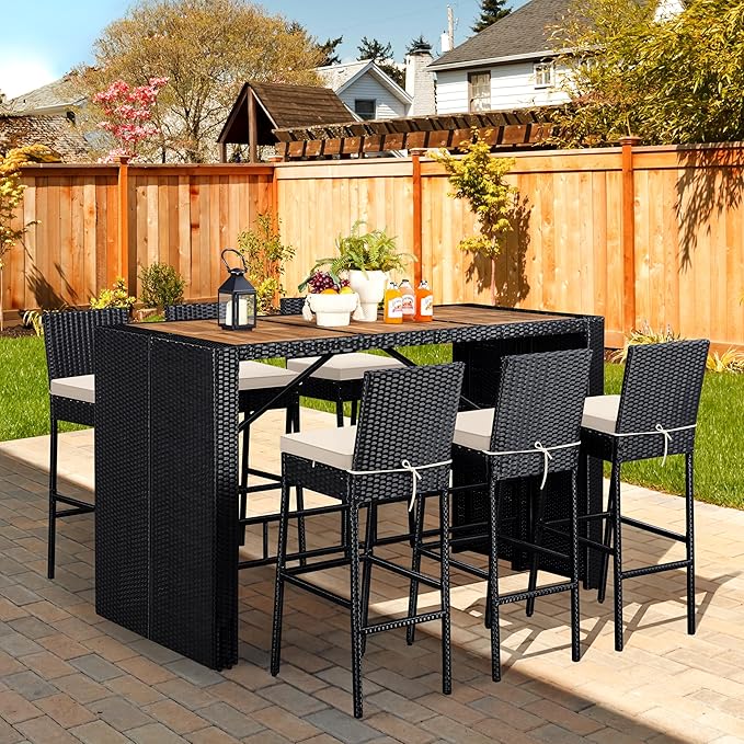 Yaheetech 7 Piece Patio Dining Set Outdoor Acacia Wood Bar Table and Chairs - Image 4