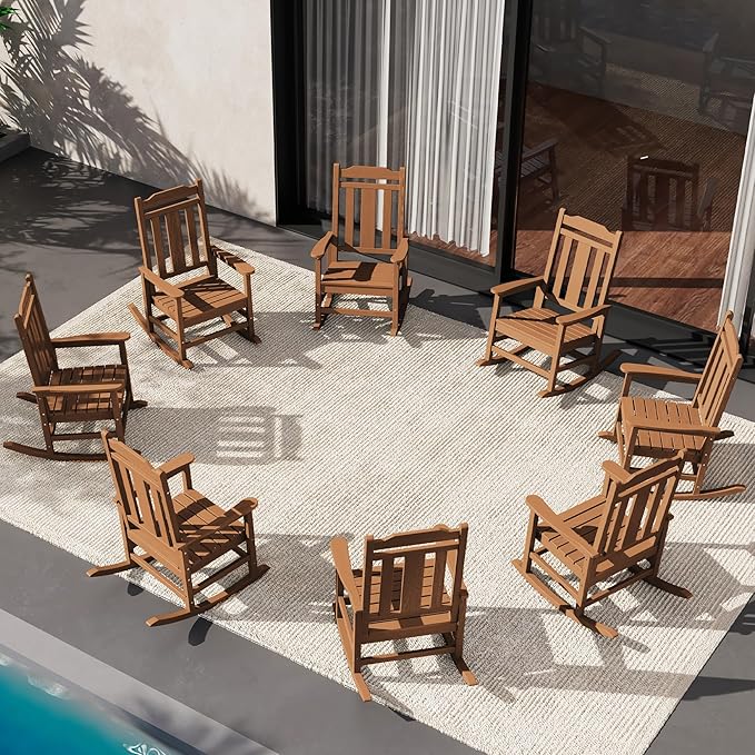 SERWALL Outdoor Rocking Chair Brown Set of 8, All Weather Patio Rocking Chair by SERWALL