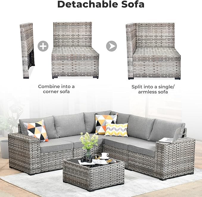 ovios 6 Pieces Patio Furniture Set, Outdoor Wicker Sectional Sofa - Image 9