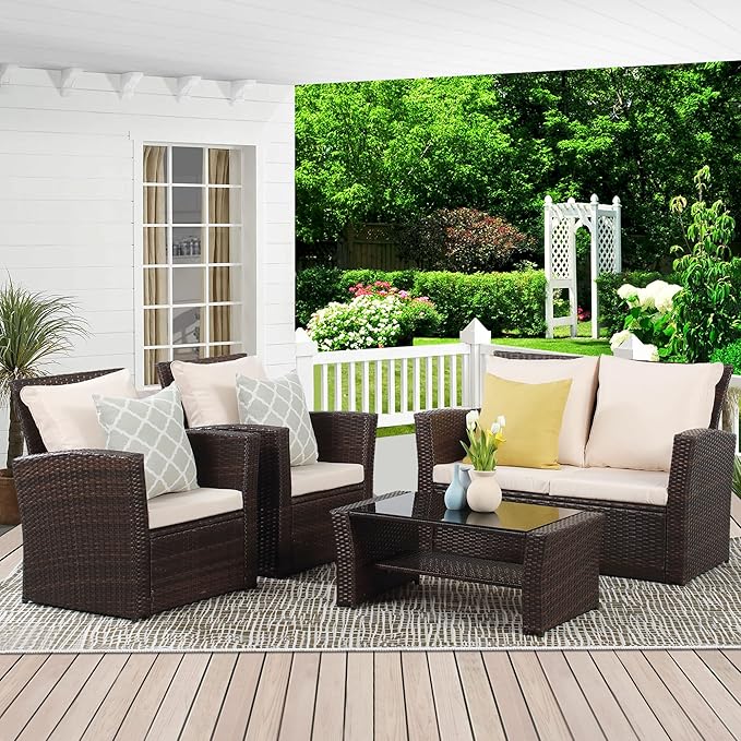 Wisteria Lane 4 Piece Patio Furniture Set, Wicker Outdoor Patio Conversation - Image 2