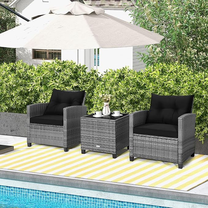 Tangkula 3 Pieces Patio Furniture Set, Outdoor PE Rattan Conversation Chair Set - Image 2