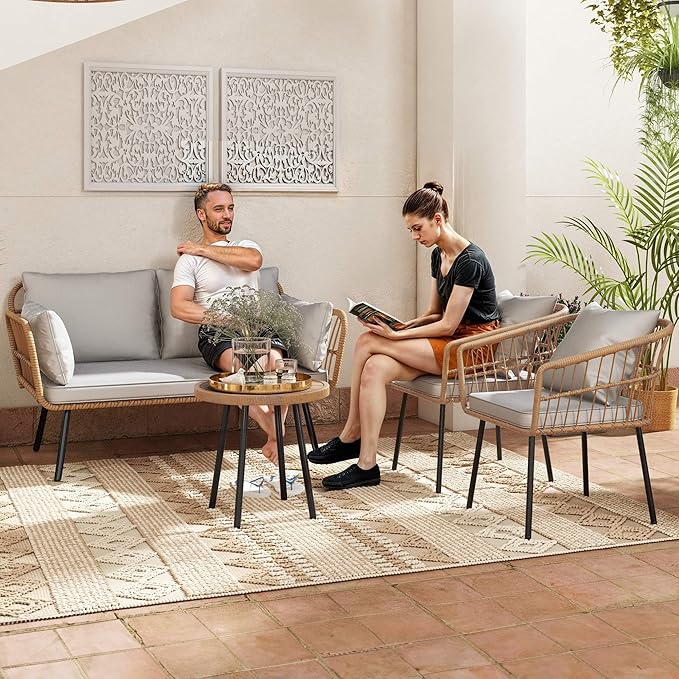 DWVO Patio Furniture Set 4 Pieces Boho Wicker Bistro Set, All Weather Outdoor - Image 2