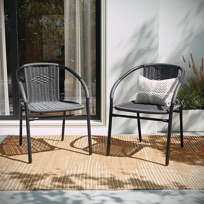 Flash Furniture Lila 2 Pack Gray Rattan Indoor-Outdoor Restaurant Stack Chair - Image 7