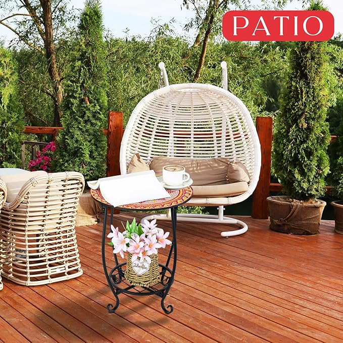 Outdoor Side Table Round Small Mosaic Patio Accent Indoor End Plant Coffee Tea - Image 4